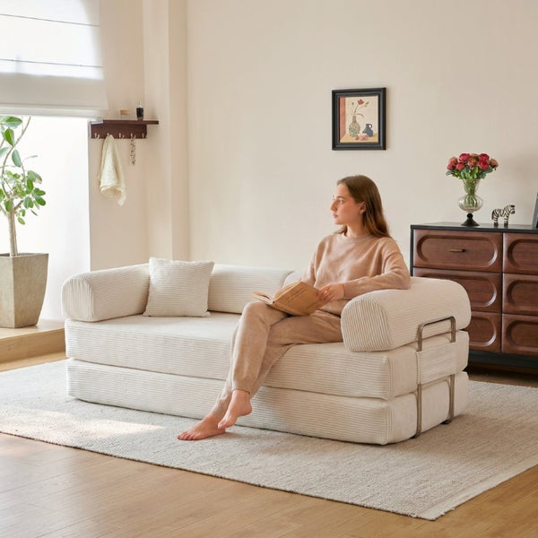English Elm 78.8 Inch Corduroy Modular Floor Sofa Bed Convertible Sectional for Living Room White W6119P521176