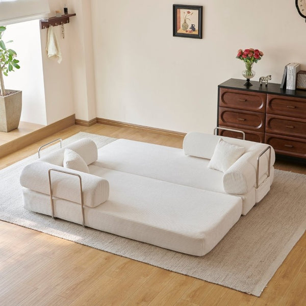 English Elm 78.8 Inch Corduroy Modular Floor Sofa Bed Convertible Sectional for Living Room White W6119P521176