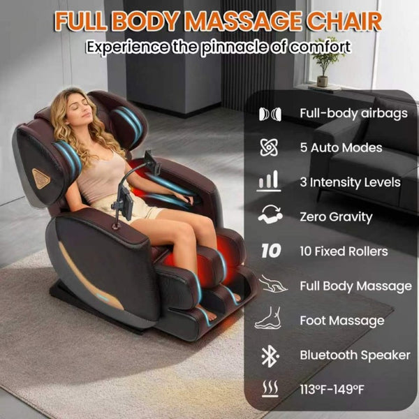 English Elm Massage Chair Zero Gravity Recliner with Airbags Heating Bluetooth and Full Body Rollers W6175P520562