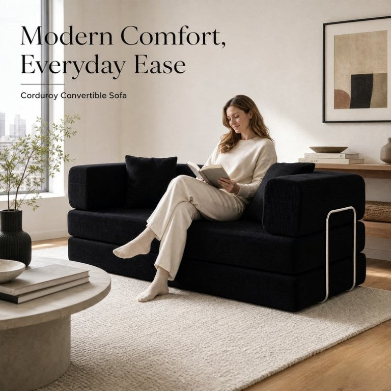English Elm Compression Corduroy Floor Sofa Bed Modular Convertible for Studio or Guest Room W6188P552719