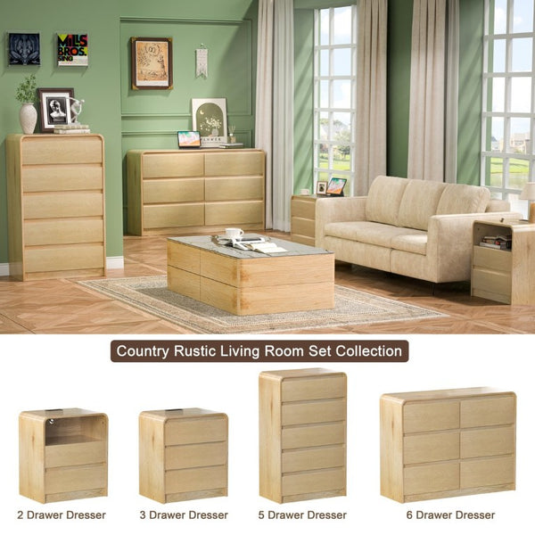 English Elm 6 Drawer Fluted Panel Chest Natural Wood Finish Minimalist Bedroom Storage Cabinet W6266P543911