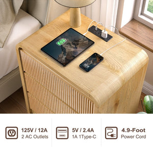 English Elm Modern Fluted 3 Drawer Nightstand with Built in Charging Station for Bedroom W6266P543990