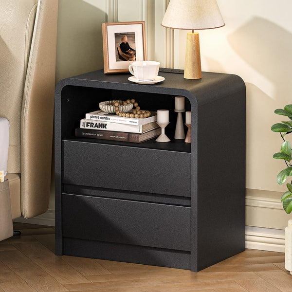 English Elm Modern Ribbed Wood Nightstand with Built-In Charging Station and USB for Bedroom Black 2 Drawers W6266P544165