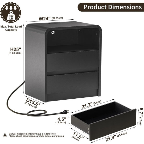 English Elm Modern Ribbed Wood Nightstand with Built-In Charging Station and USB for Bedroom Black 2 Drawers W6266P544165