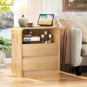 English Elm Modern Ribbed Wood Nightstand with Built-In Charging Station and USB for Bedroom Antique Natural 2 Drawers W6266P544171