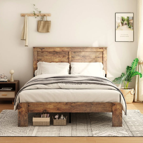 English Elm Bed Frame Full Size Dark Brown Wood Platform with Under Storage and Noise Free Slats W636133432