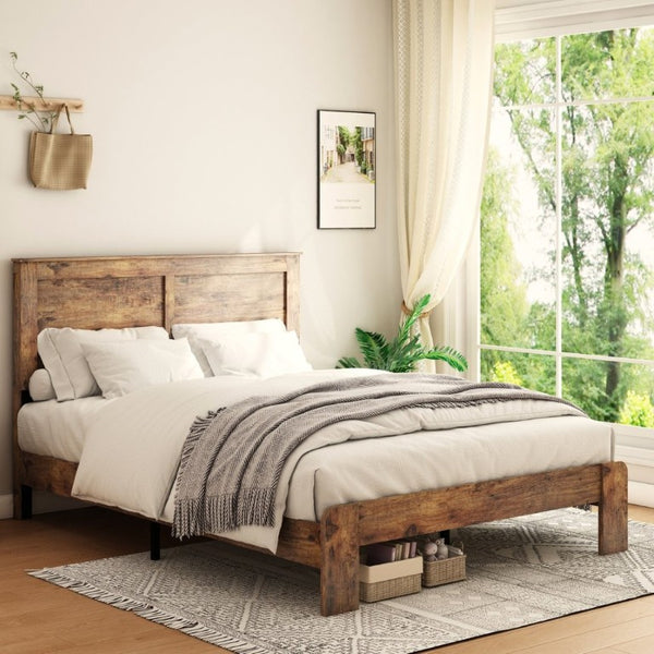 English Elm Bed Frame Full Size Dark Brown Wood Platform with Under Storage and Noise Free Slats W636133432
