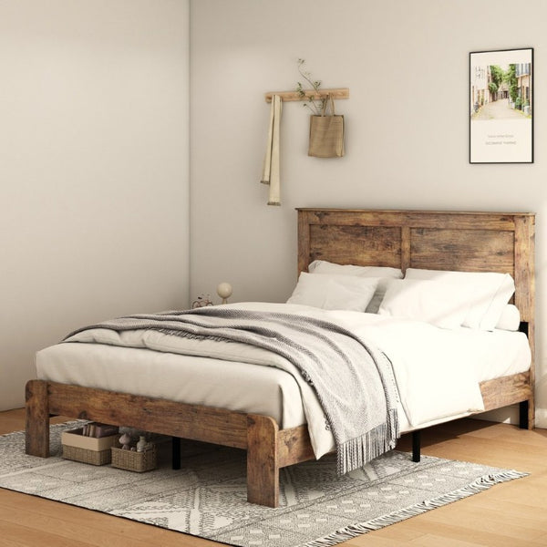 English Elm Bed Frame Full Size Dark Brown Wood Platform with Under Storage and Noise Free Slats W636133432