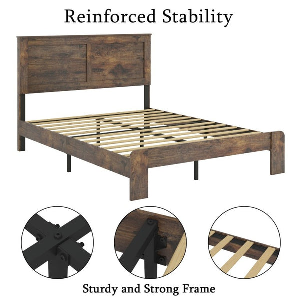 English Elm Bed Frame Full Size Dark Brown Wood Platform with Under Storage and Noise Free Slats W636133432