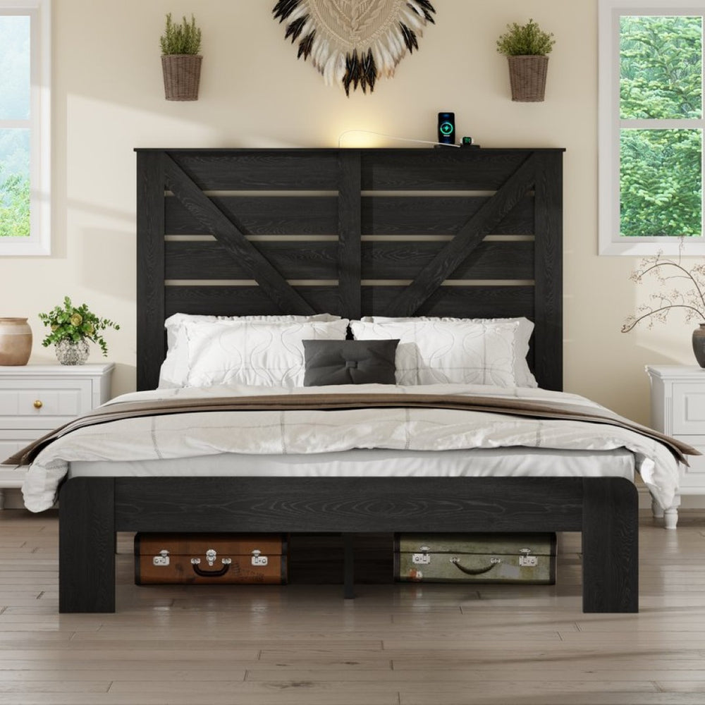 English Elm Queen Platform Bed with MDF Headboard Steel Slats Under Storage Industrial Modern W636P272666