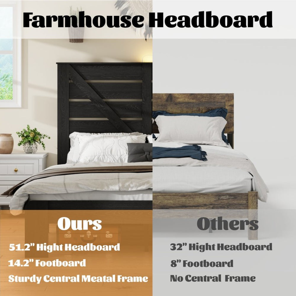 English Elm Queen Platform Bed with MDF Headboard Steel Slats Under Storage Industrial Modern W636P272666