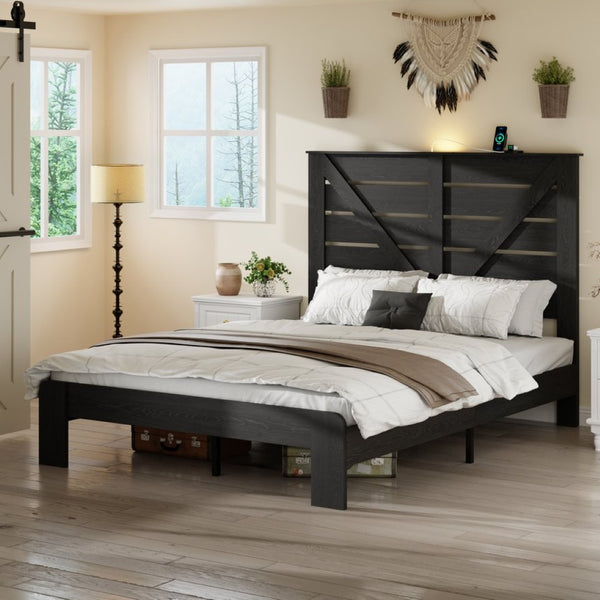 English Elm Queen Platform Bed with MDF Headboard Steel Slats Under Storage Industrial Modern W636P272666