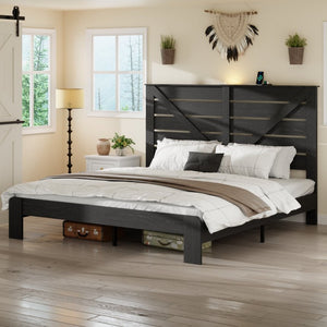 English Elm King Platform Bed with Tall Headboard Steel Frame Matte Black Industrial Bedroom W636P272688