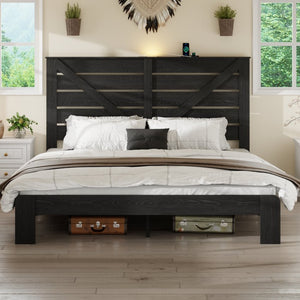 English Elm King Platform Bed with Tall Headboard Steel Frame Matte Black Industrial Bedroom W636P272688