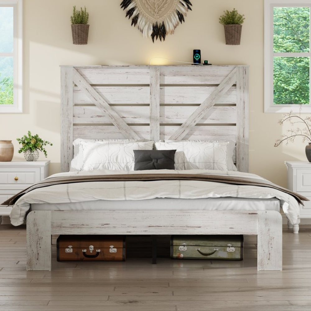 English Elm Queen Platform Bed Tall MDF Headboard Steel Frame Industrial Bedroom No Box Spring W636P272712