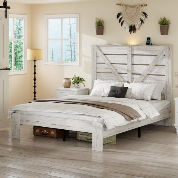 English Elm Queen Platform Bed Tall MDF Headboard Steel Frame Industrial Bedroom No Box Spring W636P272712
