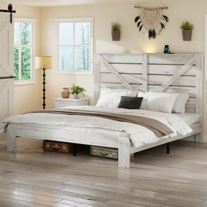 English Elm King Platform Bed Tall MDF Headboard Steel Slats Industrial Style No Box Spring Required W636P272726