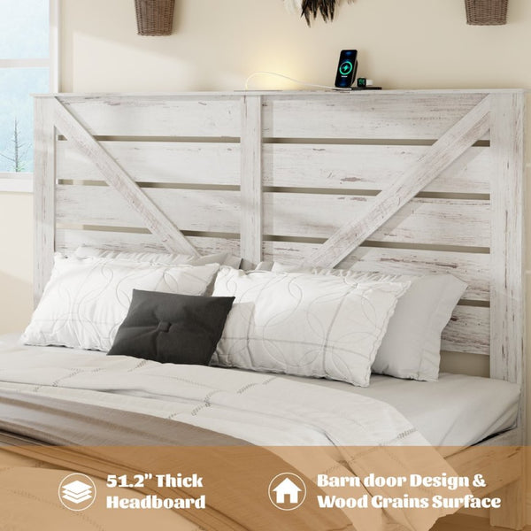 English Elm King Platform Bed Tall MDF Headboard Steel Slats Industrial Style No Box Spring Required W636P272726