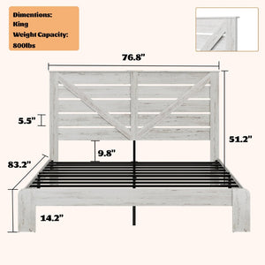 English Elm King Platform Bed Tall MDF Headboard Steel Slats Industrial Style No Box Spring Required W636P272726
