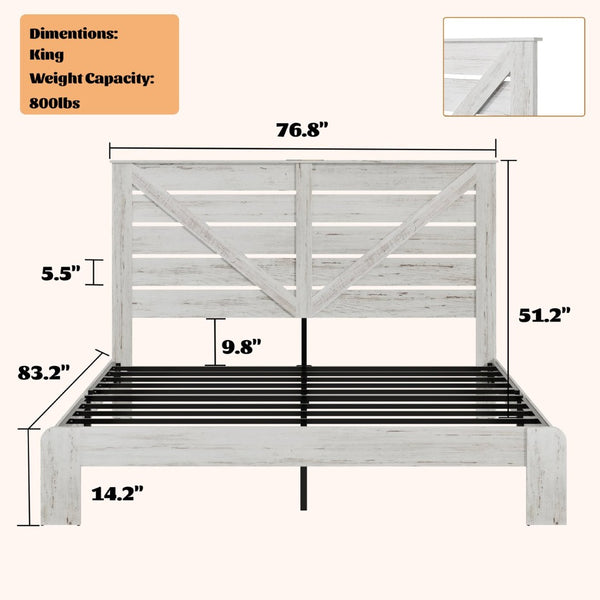 English Elm King Platform Bed Tall MDF Headboard Steel Slats Industrial Style No Box Spring Required W636P272726