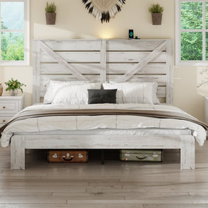 English Elm King Platform Bed Tall MDF Headboard Steel Slats Industrial Style No Box Spring Required W636P272726