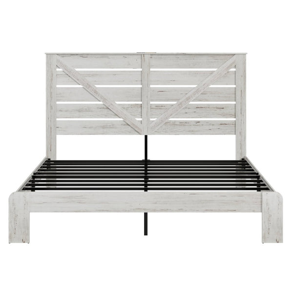 English Elm King Platform Bed Tall MDF Headboard Steel Slats Industrial Style No Box Spring Required W636P272726
