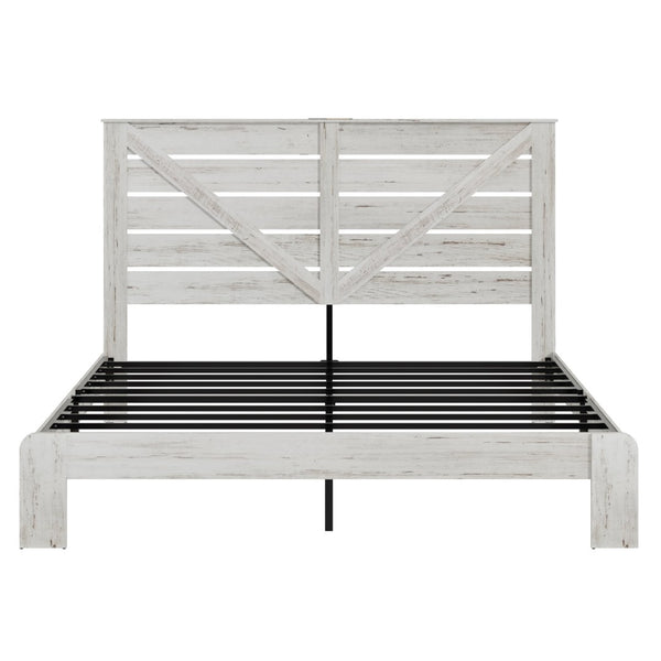 English Elm King Platform Bed Tall MDF Headboard Steel Slats Industrial Style No Box Spring Required W636P272726