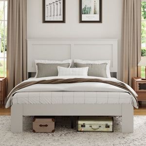English Elm Bed Frame Full Size White MDF Headboard with Black Metal Industrial Platform W636P283312