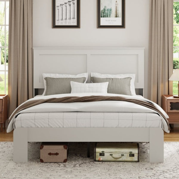 English Elm Bed Frame Full Size White MDF Headboard with Black Metal Industrial Platform W636P283312