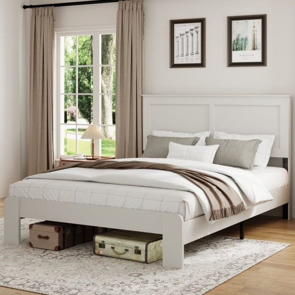 English Elm Bed Frame Full Size White MDF Headboard with Black Metal Industrial Platform W636P283312