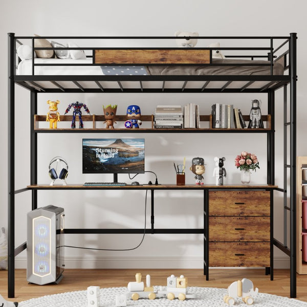 English Elm Loft Twin Bed with L Shaped Desk Shelving Fabric Drawers and Steel Frame for Teen Rooms W636P336327