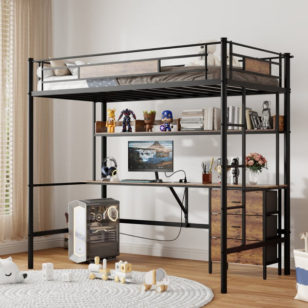 English Elm Loft Twin Bed with L Shaped Desk Shelving Fabric Drawers and Steel Frame for Teen Rooms W636P336327