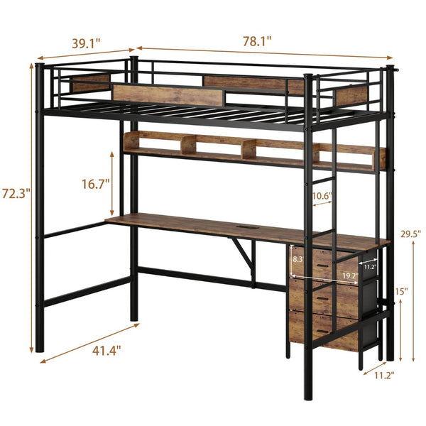 English Elm Loft Twin Bed with L Shaped Desk Shelving Fabric Drawers and Steel Frame for Teen Rooms W636P336327
