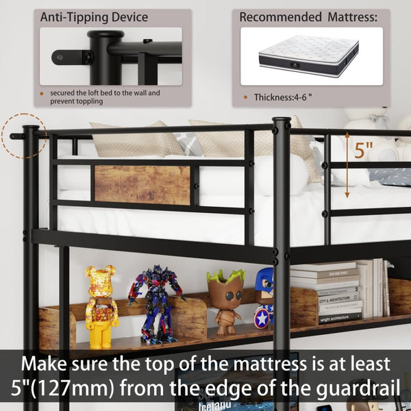 English Elm Loft Twin Bed with L Shaped Desk Shelving Fabric Drawers and Steel Frame for Teen Rooms W636P336327