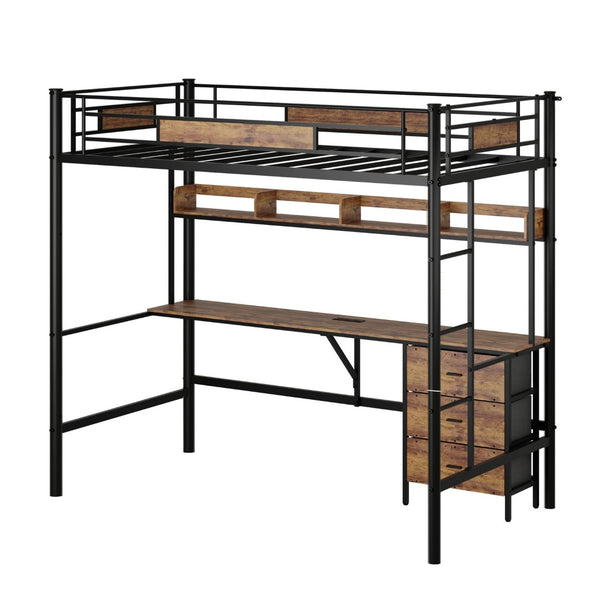 English Elm Loft Twin Bed with L Shaped Desk Shelving Fabric Drawers and Steel Frame for Teen Rooms W636P336327