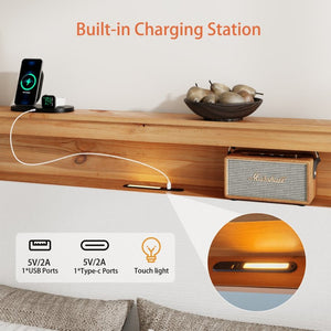 English Elm Full Rustic Farmhouse Platform Bed with Led Lighting and Usb Charging Headboard W636P339441