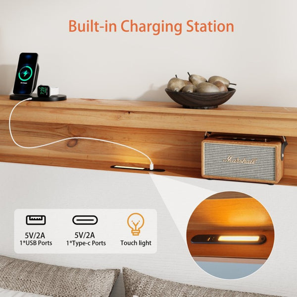 English Elm Full Rustic Farmhouse Platform Bed with Led Lighting and Usb Charging Headboard W636P339441