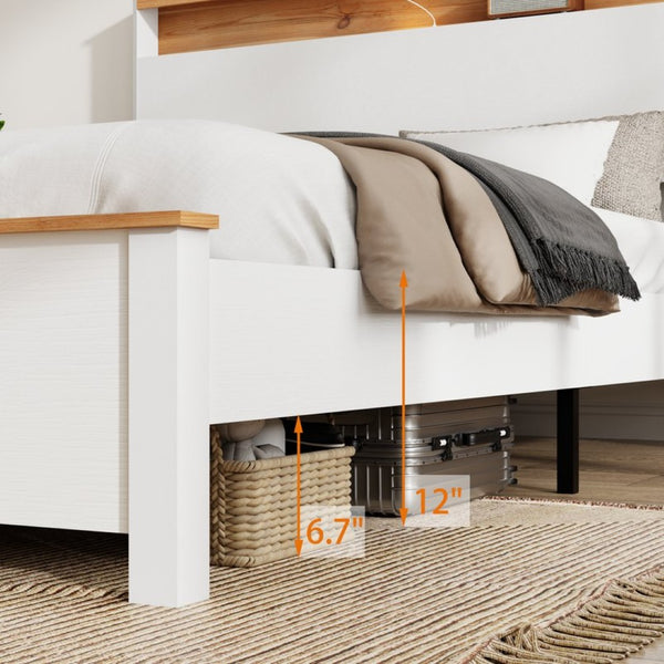 English Elm Full Rustic Farmhouse Platform Bed with Led Lighting and Usb Charging Headboard W636P339441