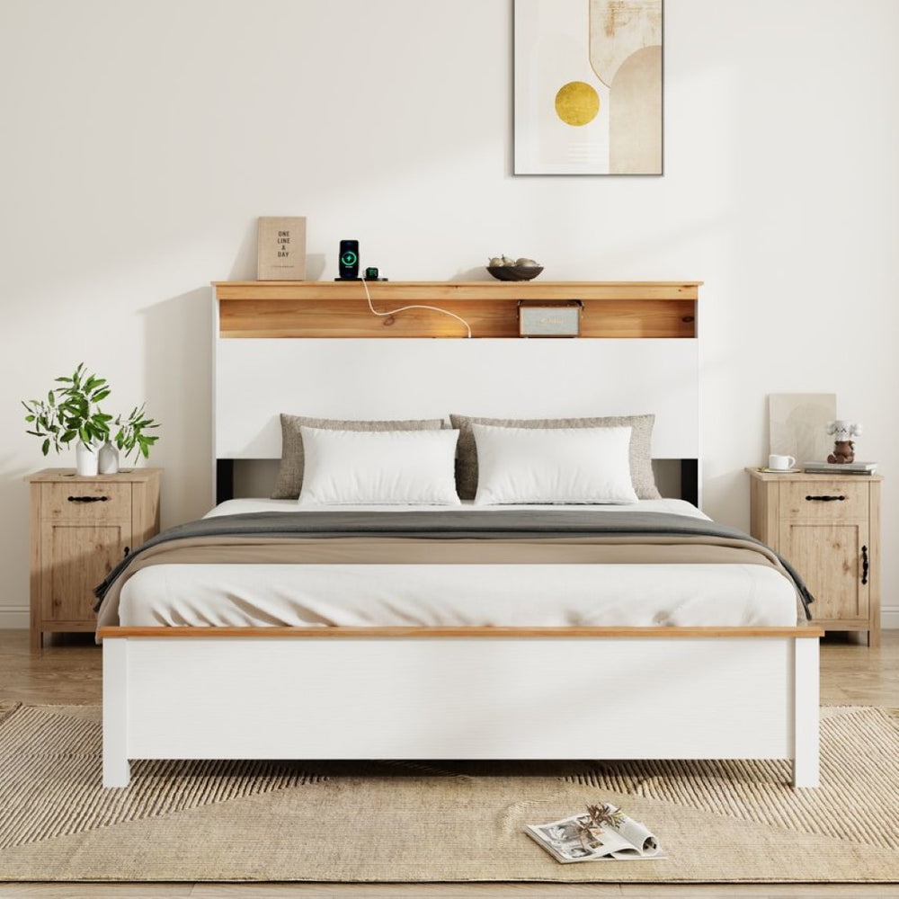 English Elm Queen Farmhouse Bed Frame with Storage Headboard Built-In Charging LED Lighting W636P339445