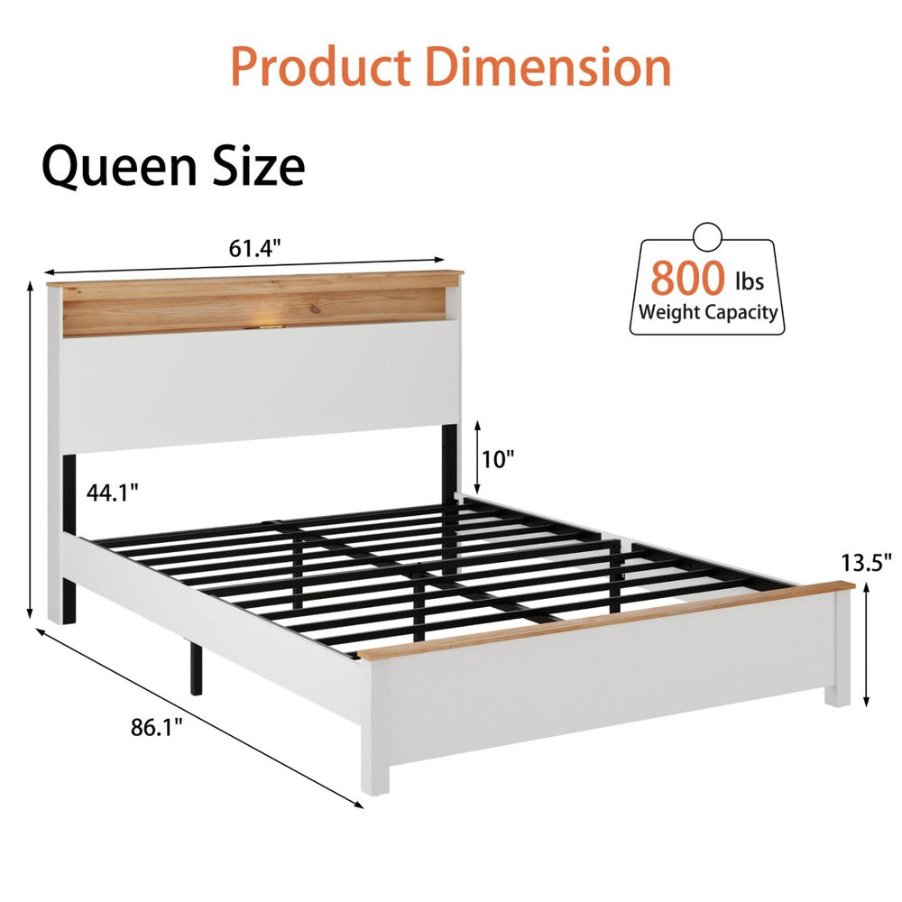 English Elm Queen Farmhouse Bed Frame with Storage Headboard Built-In Charging LED Lighting W636P339445