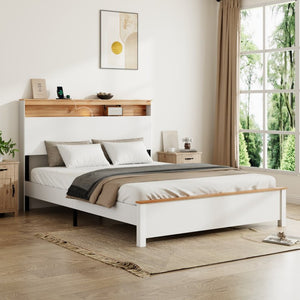 English Elm Queen Farmhouse Bed Frame with Storage Headboard Built-In Charging LED Lighting W636P339445