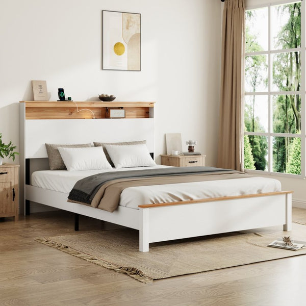English Elm Queen Farmhouse Bed Frame with Storage Headboard Built-In Charging LED Lighting W636P339445