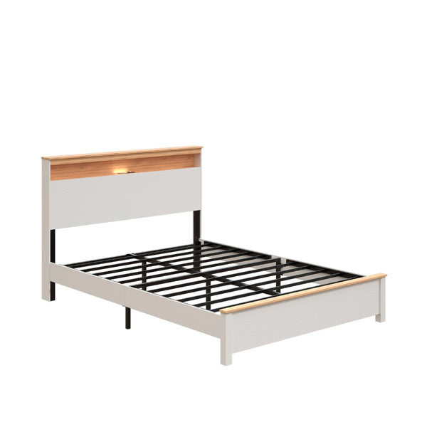 English Elm Queen Farmhouse Bed Frame with Storage Headboard Built-In Charging LED Lighting W636P339445