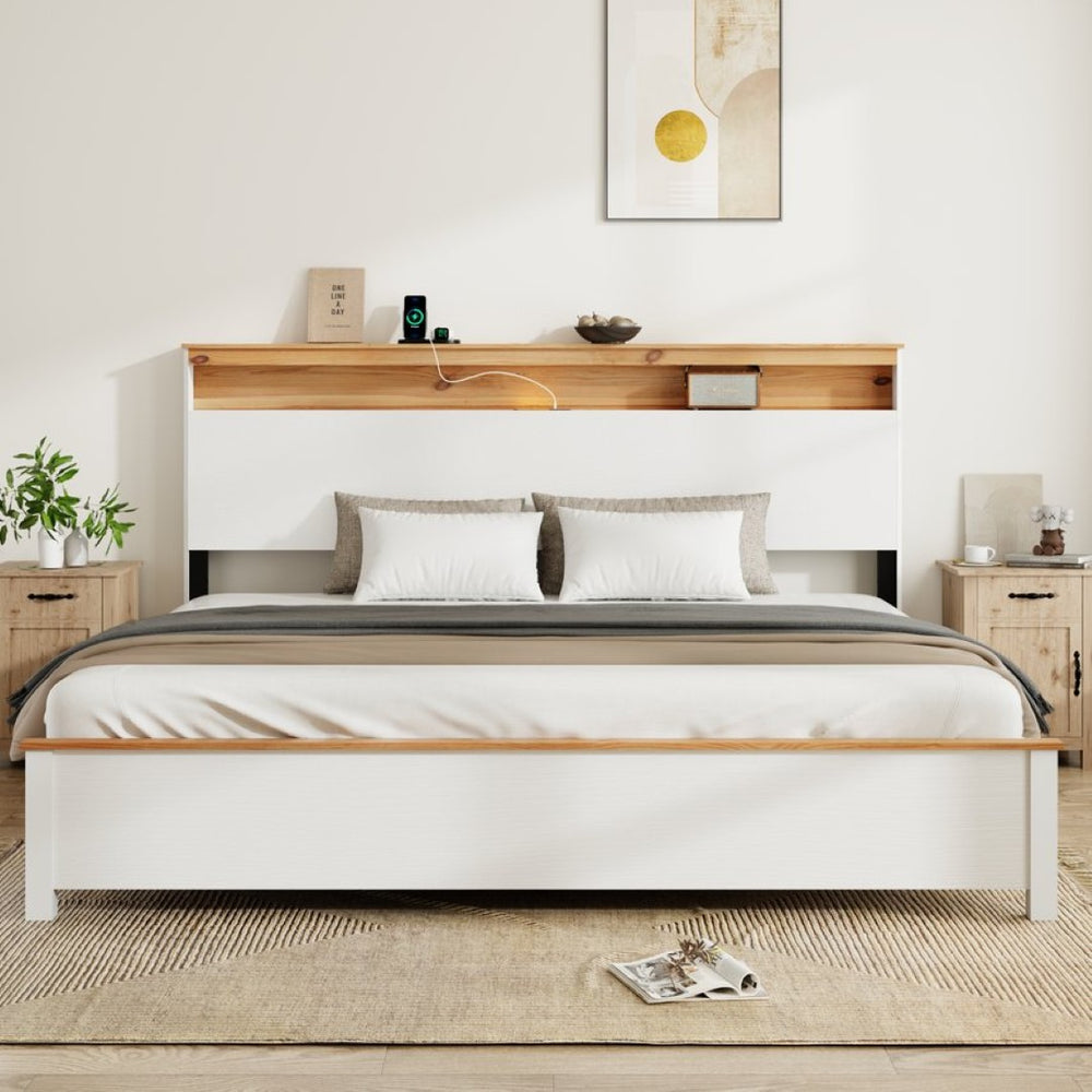 English Elm King Farmhouse Bed Frame with Storage Headboard LED Lighting and Built in Charging W636P339448