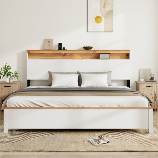 English Elm King Farmhouse Bed Frame with Storage Headboard LED Lighting and Built in Charging W636P339448