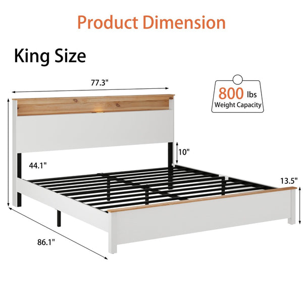 English Elm King Farmhouse Bed Frame with Storage Headboard LED Lighting and Built in Charging W636P339448