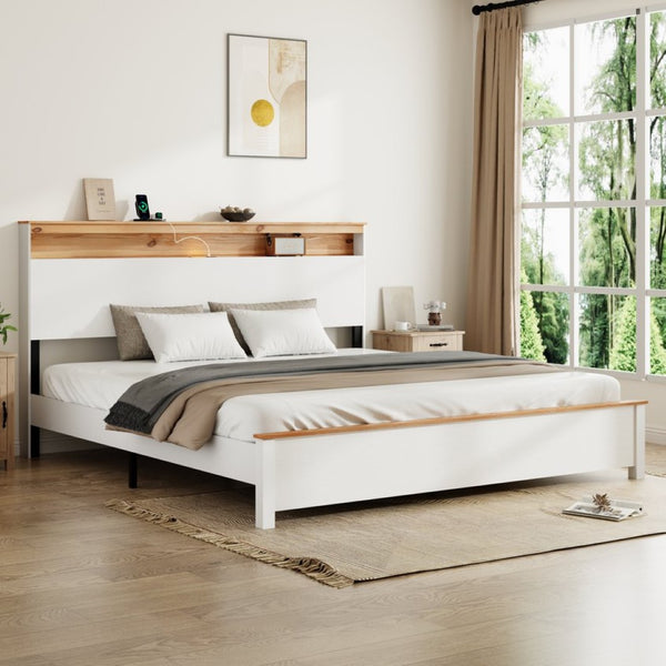 English Elm King Farmhouse Bed Frame with Storage Headboard LED Lighting and Built in Charging W636P339448