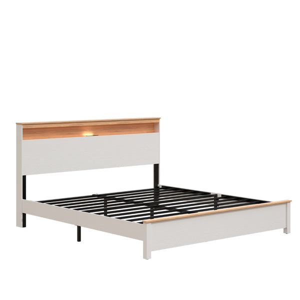 English Elm King Farmhouse Bed Frame with Storage Headboard LED Lighting and Built in Charging W636P339448