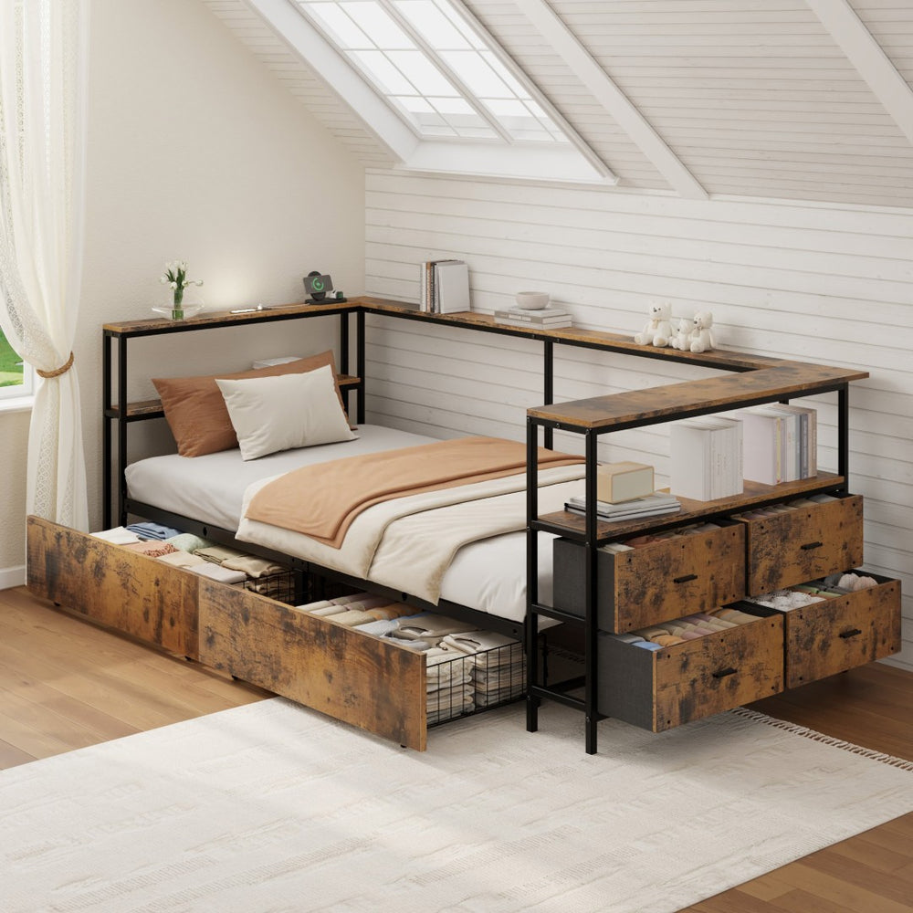English Elm Twin Corner Metal Platform Daybed with Storage Drawers and Farmhouse Barn Door Detail W636P485963