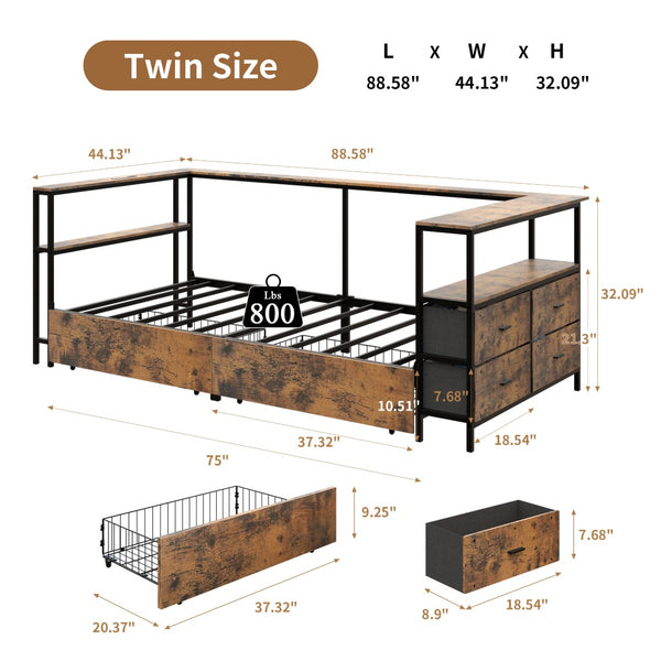 English Elm Twin Corner Metal Platform Daybed with Storage Drawers and Farmhouse Barn Door Detail W636P485963